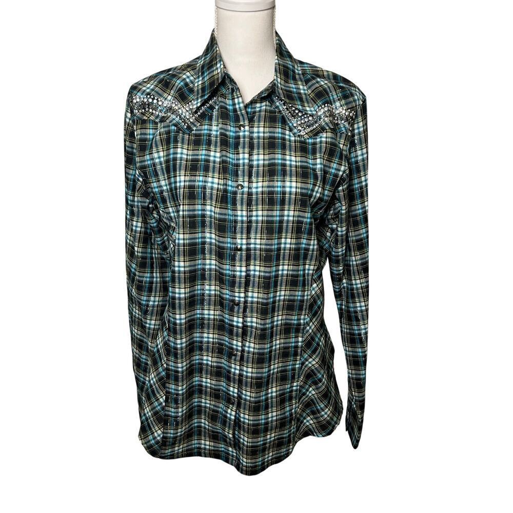 Wrangler womens plaid metallic thread rhinestone snap long sleeve western M